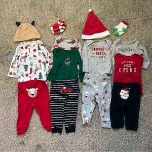 9 Month Baby Christmas Bundle- 6 bodysuits, 4 pants, 2 hats, 2 pairs of socks